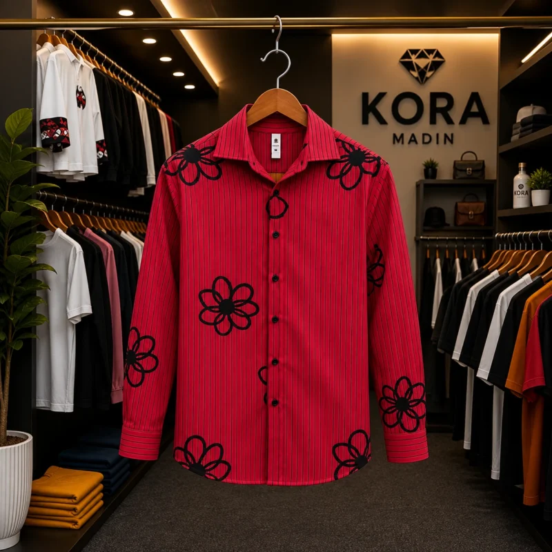 Men’s Red Striped Black Floral Print Long Sleeve Shirt