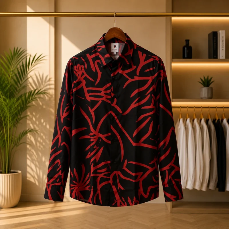 Men’s Black & Red Abstract Print Long Sleeve Shirt
