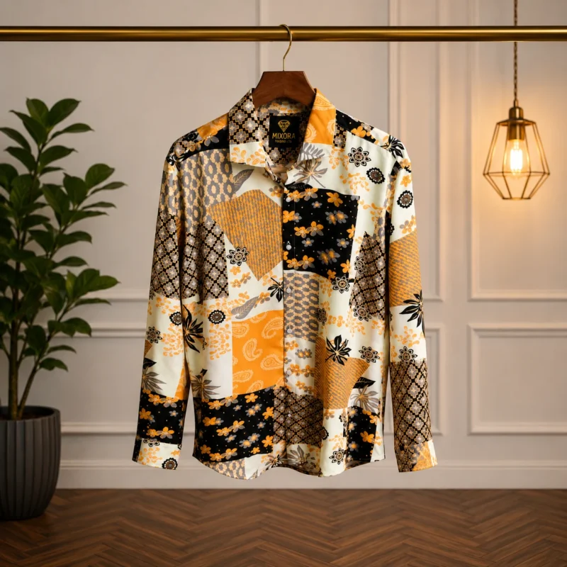 Men’s Patchwork Print Long Sleeve Shirt – Orange & Black