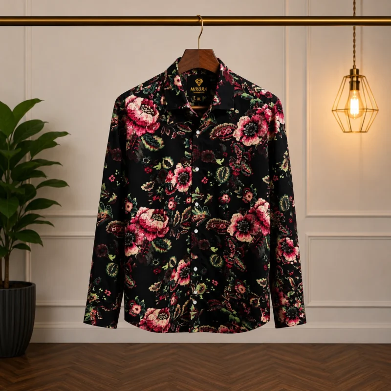 Men’s Black Floral Print Long Sleeve Shirt