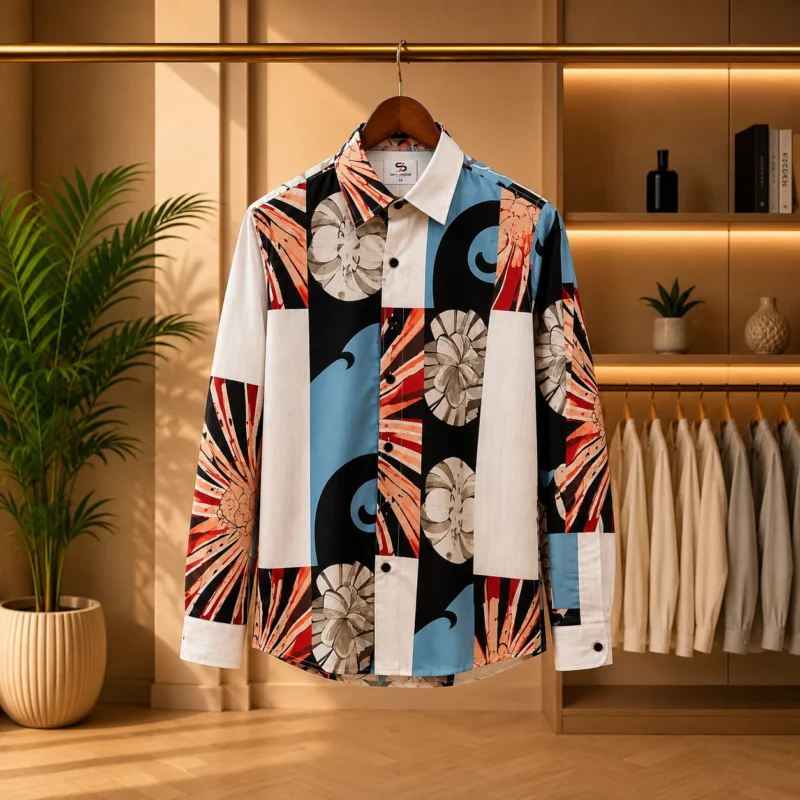 Men’s Abstract Patchwork Print Long Sleeve Shirt