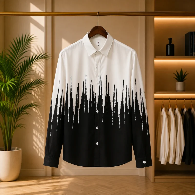 Men’s Black & White Drip Print Long Sleeve Shirt