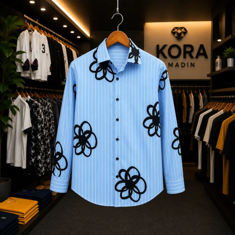 Men’s Sky Blue Striped Floral Print Long Sleeve Shirt