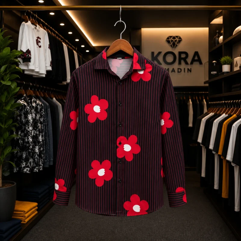 Men’s Black & Red Striped Floral Print Long Sleeve Shirt