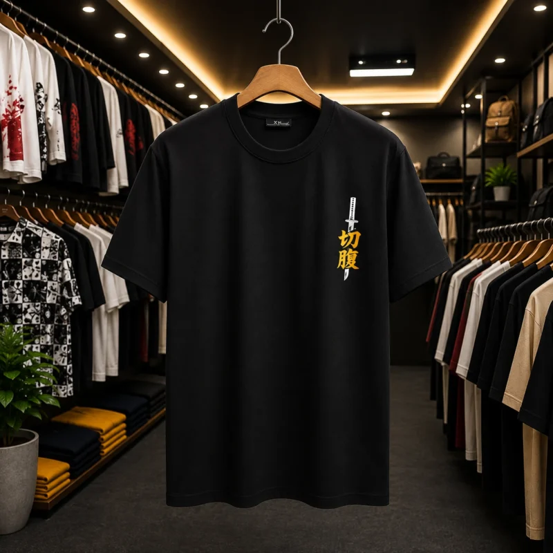 Men’s Black Japanese Samurai Graphic Drop Shoulder T-Shirt