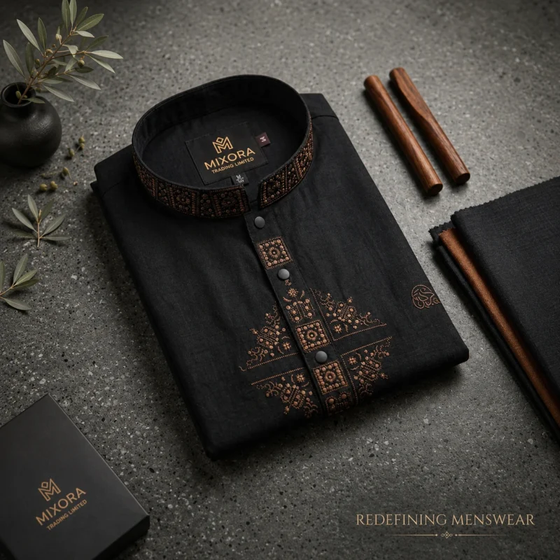 Men’s Black Micro Stitch Embroidered Panjabi