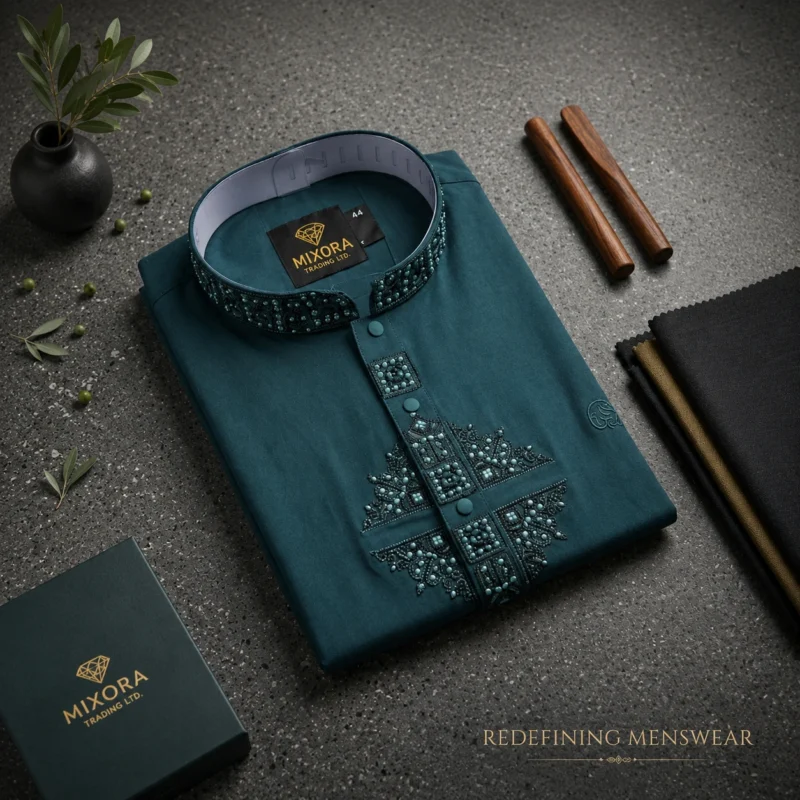 Men’s Teal Micro Stitch Embroidered Panjabi