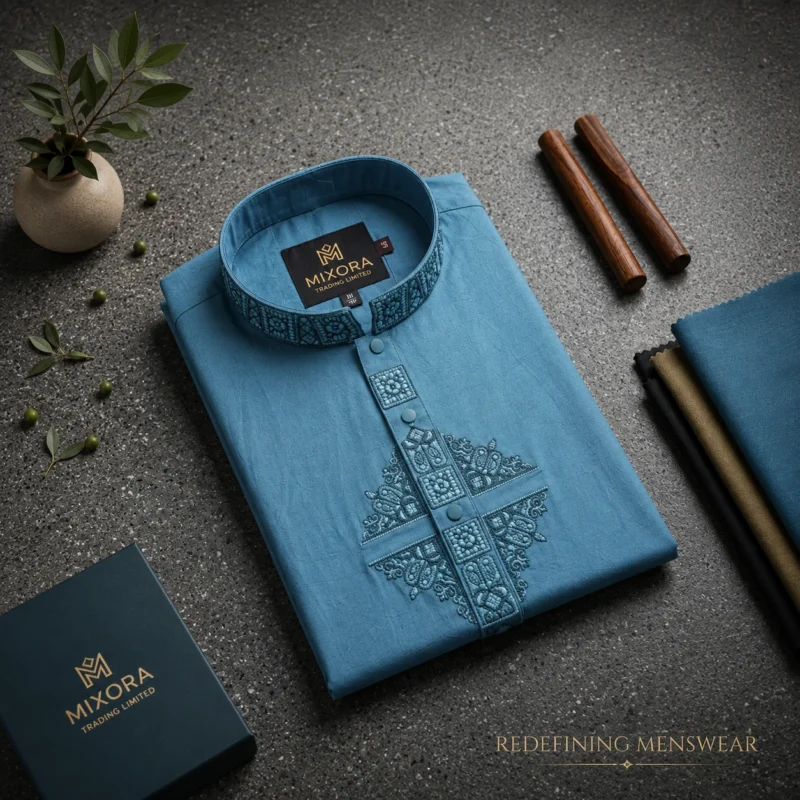 Men’s Sky Blue Micro Stitch Embroidered Panjabi