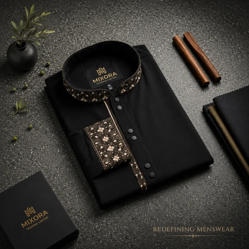 Men’s Black Micro Stitch Embroidered Panjabi