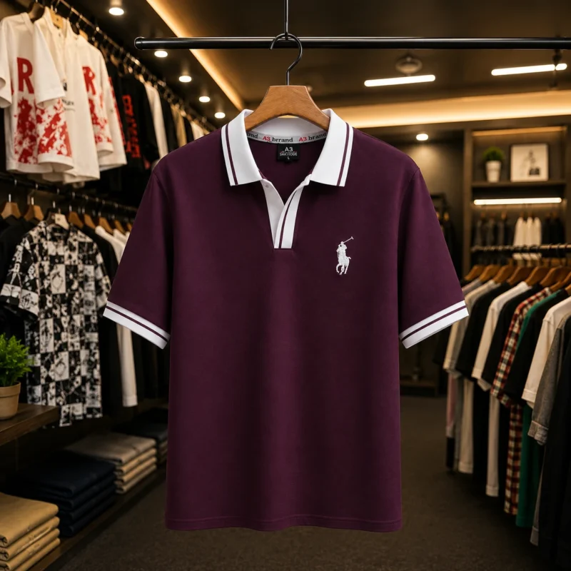 Men’s Burgundy Contrast Collar Polo T-Shirt