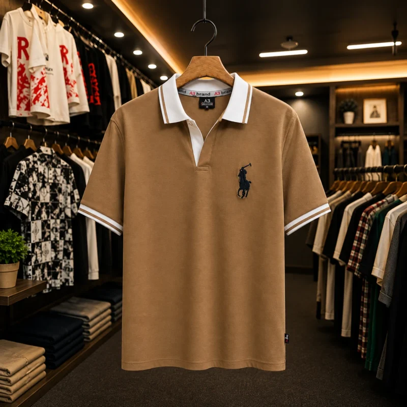 Men’s Camel Brown Contrast Collar Polo T-Shirt