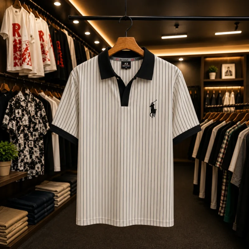 Men’s White Pinstripe Contrast Polo T-Shirt