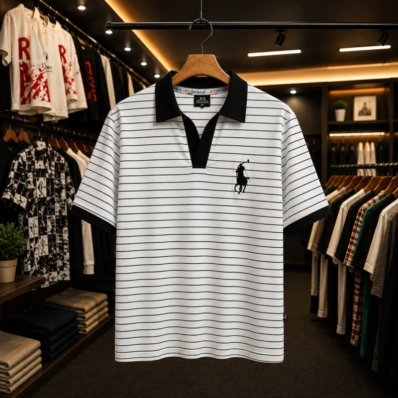 Men’s White Horizontal Stripe Polo T-Shirt
