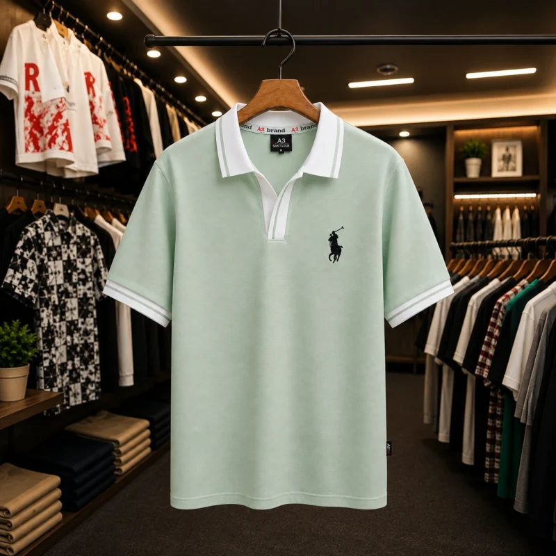 Men’s Mint Green Contrast Collar Polo T-Shirt