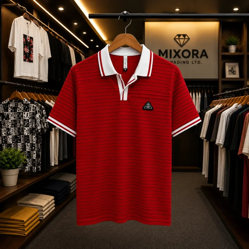 Men’s Red Striped Contrast Collar Polo T-Shirt