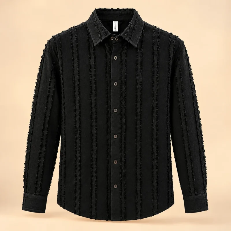 Men's Black Textured Vertical Stripe Long Casual Shirt