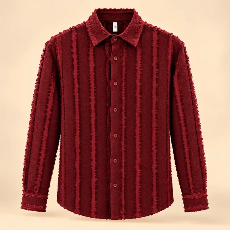 Men's Burgundy Red Textured Vertical Stripe Casual Shirt