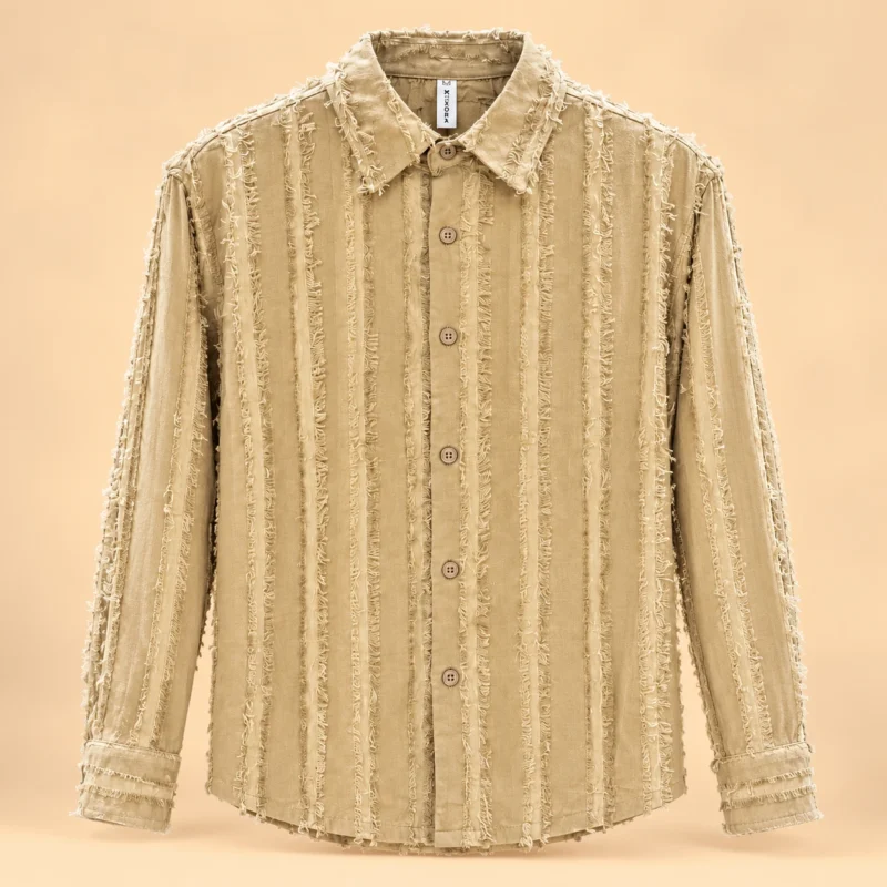 Men's Beige Textured Vertical Stripe Long Sleeve Shirt