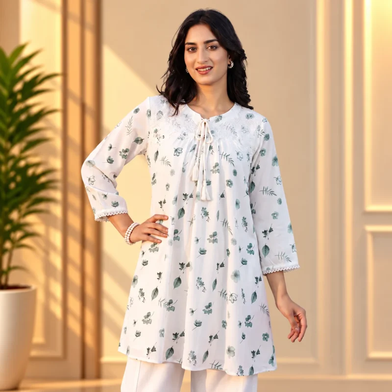 Women's White & Sage Green Floral Kurti