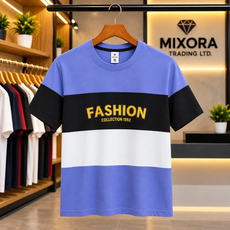 Men's Lavender Blue, Black & White Color Block T-Shirt