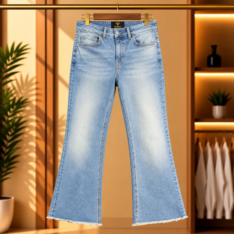 Light Blue Washed Flared Denim Jeans with Raw Hem