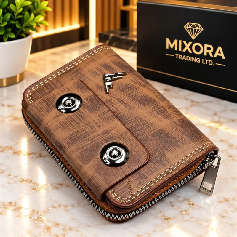 Men's Vintage Brown Textured Zip-Around Wallet with Dual Snap Button Closure