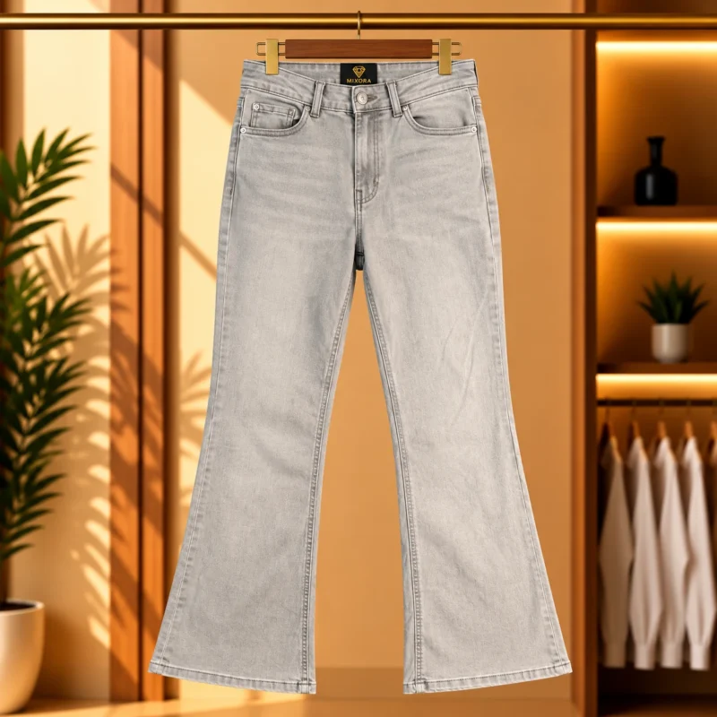 Light Ash Grey Washed Flared Denim Jeans