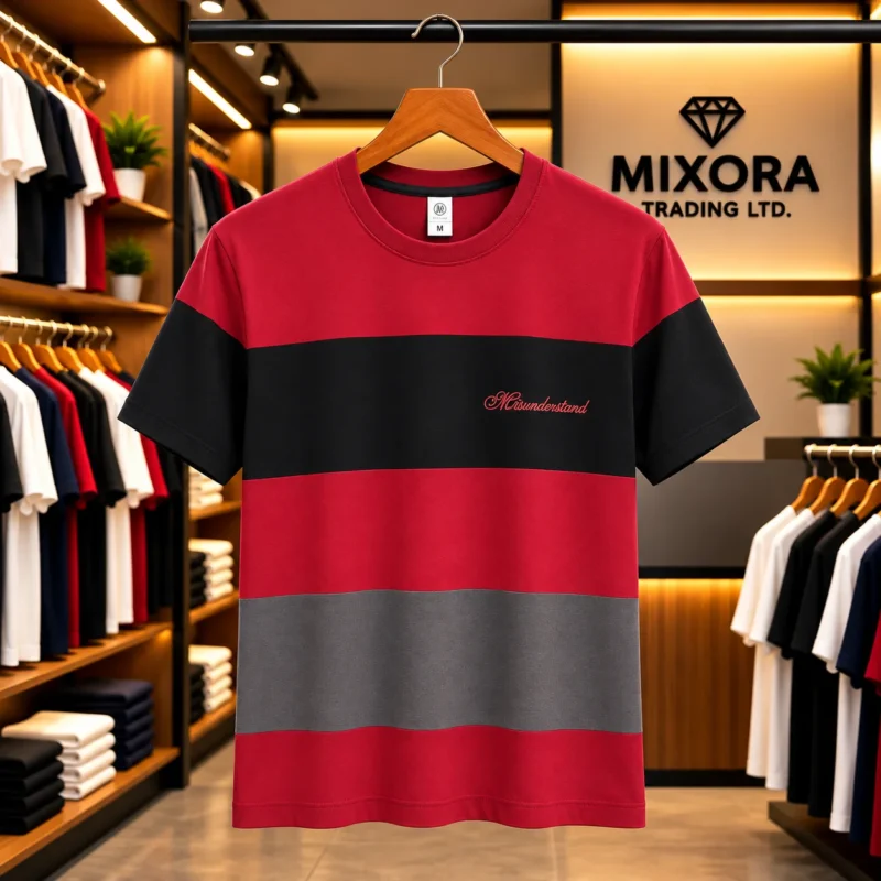 Men's Maroon, Black & Grey Color Block T-Shirt