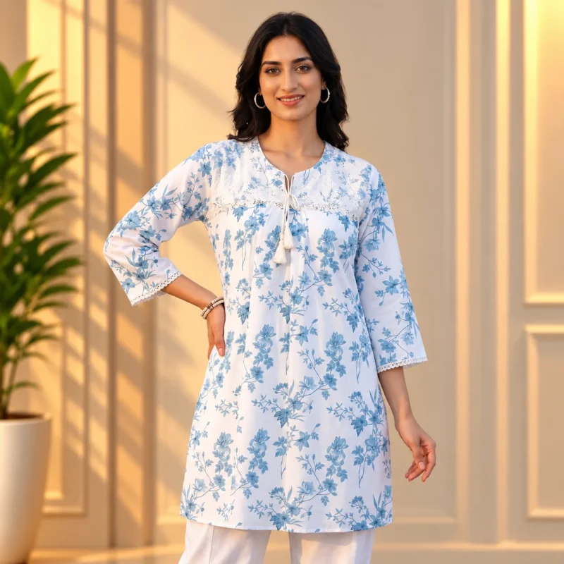 Women's White & Sky Blue Floral Print Lace Tassel Kurti