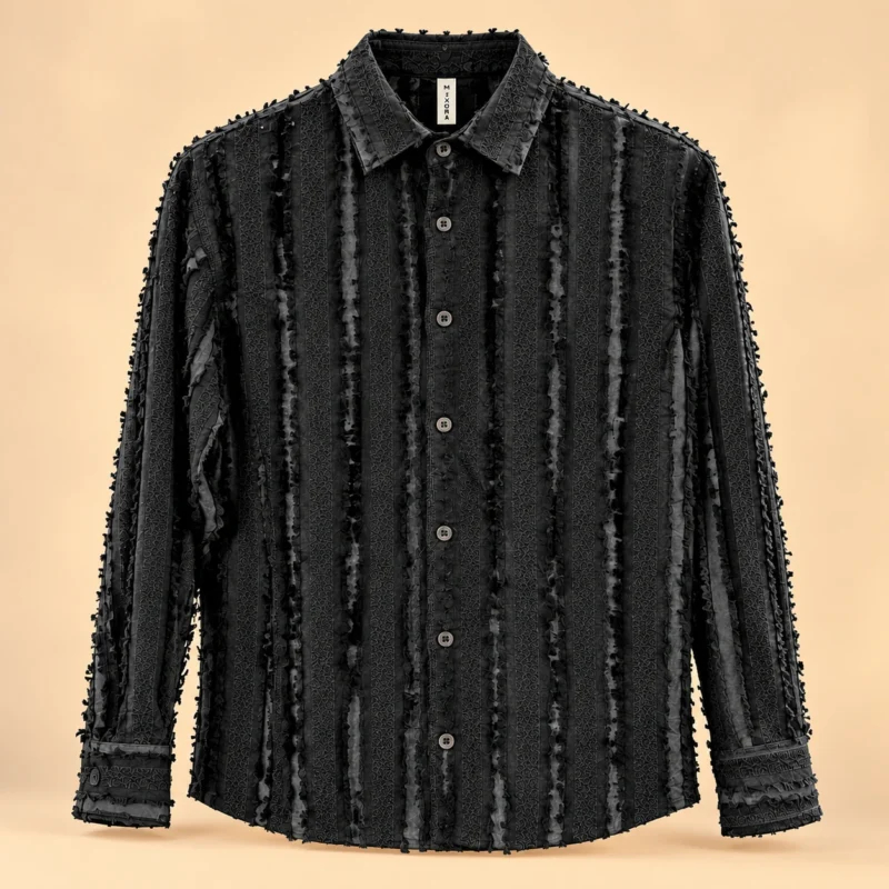 Men's Charcoal Black Distressed Textured Casual Shirt