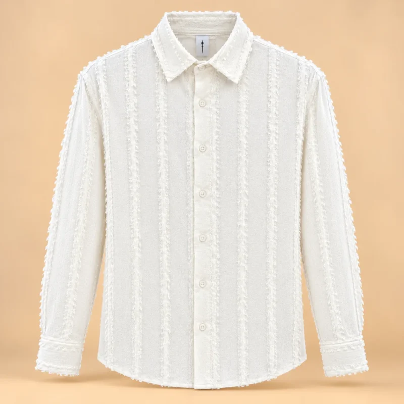 Men's Off-White Textured Vertical Stripe Casual Shirt