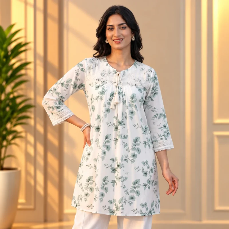 Women's White & Sage Green Floral Kurti