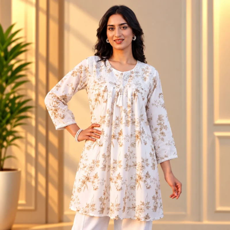 Women's Ivory & Beige Floral Lace Tassel Kurti