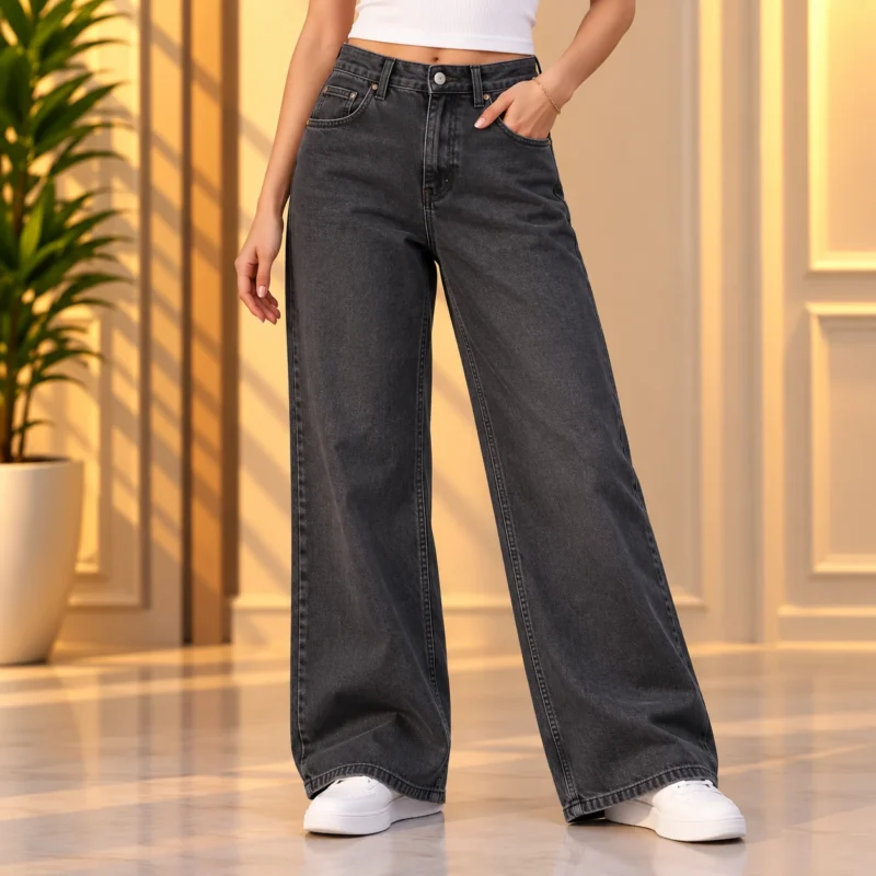 Ladies Washed Black Wide-Leg Denim Pants