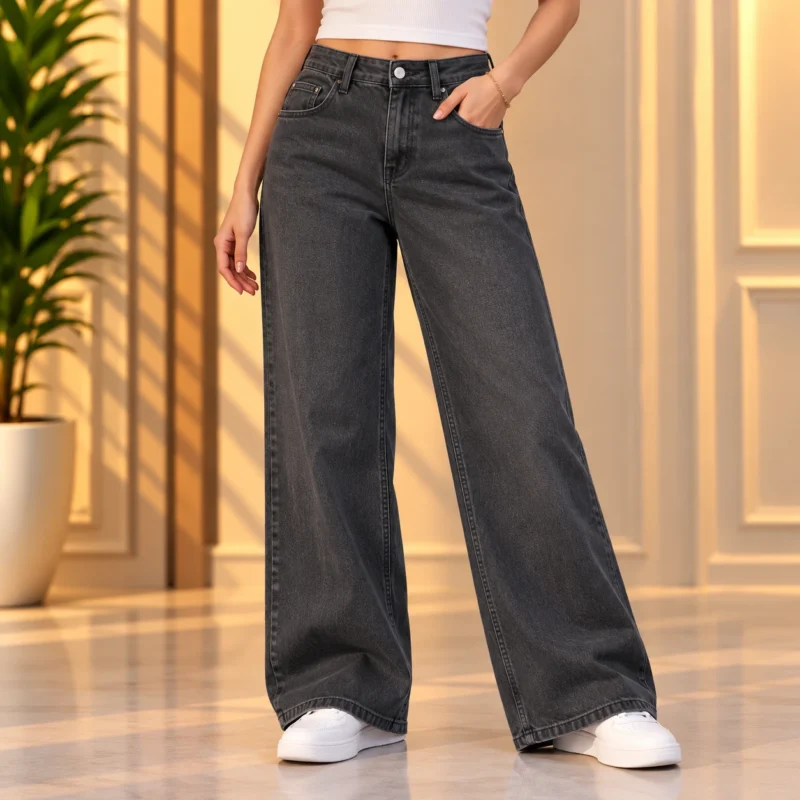 Ladies Charcoal Grey Washed Wide-Leg Denim Pants