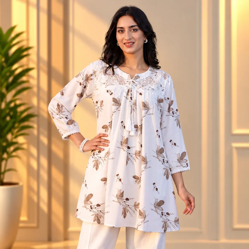Women's White & Taupe Botanical Print Kurti