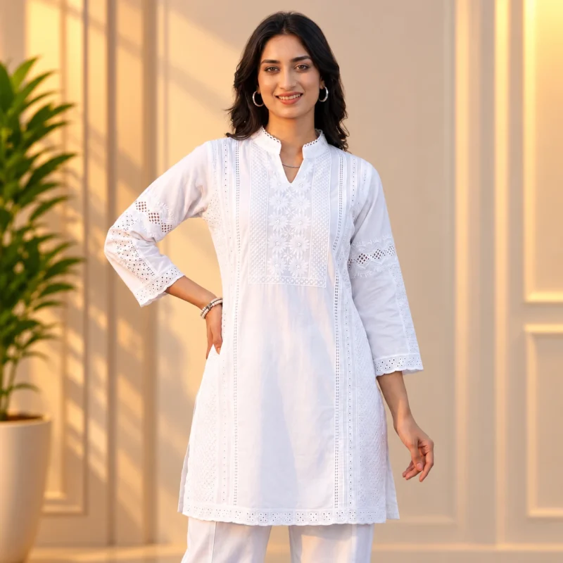 Women's Elegant White Embroidered Kurti